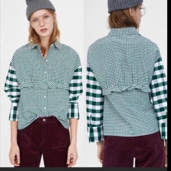 Zara Trafaluc Colection Women's Green White Checked Print Blouse Top Size L - Picture 2 of 11